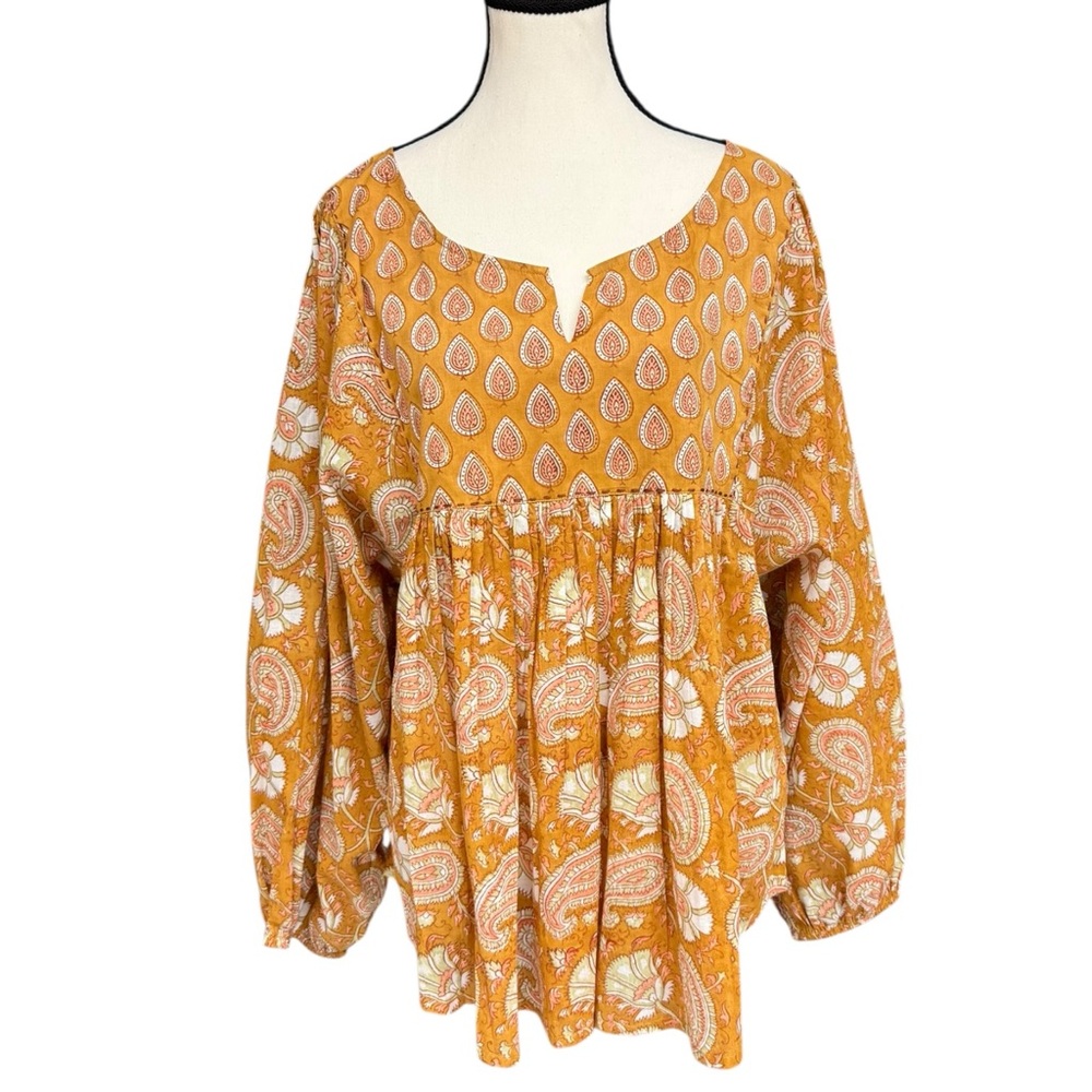 World Market Mustard Paisley Boho Peasant Blouse Cotton L/XL